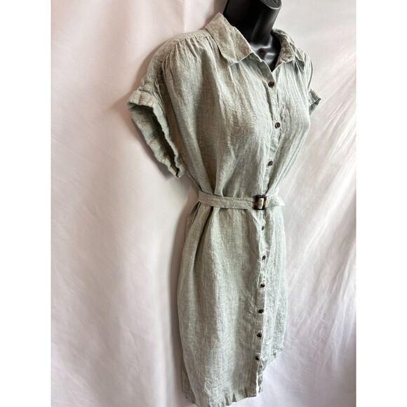 C&C Sage Green Midi Dress 100% Linen Button Front Belted Size M Classy Lagenlook - Picture 3 of 9